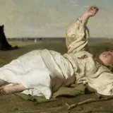 Dziewczyna w białej sukni leży na trawie, obok czarny pies. W tle pasące się krowy. Obraz ten jest jednym z **famous paintings** rosyjskiego malarstwa.