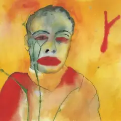 Portret w stylu pop art, z zieloną twarzą, czerwonymi ustami i oczami, na żółtym tle.