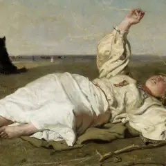 Dziewczyna w białej sukni leży na trawie, obok czarny pies. W tle pasące się krowy. Obraz ten jest jednym z **famous paintings** rosyjskiego malarstwa.