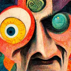 Surrealistyczny portret w stylu dadaizmu z wielkimi, wyrazistymi oczami i zdeformowaną twarzą.