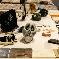 Stół pełen rekwizytów teatralnych: przerażająca czaszka, zielona żaba, czarna kamera, pluszowe zabawki i inne dziwaczne przedmioty.