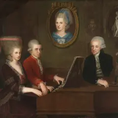 Portret rodziny Mozarta przy fortepianie. Choć obraz nie odpowiada na pytanie, na co zmarł Mozart, ukazuje jego talent muzyczny.