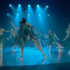 Tancerze w strojach inspirowanych naturą wykonują dynamiczny układ podczas spektaklu "Kalyani Musical".