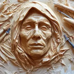 Artysta rzeźbiący w drewnie tworzy twarz Indianina. Wokół leżą narzędzia i wióry.