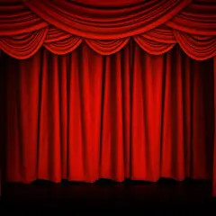 Czerwona, teatralna kurtyna w teatrze, z bogatymi drapowaniami u góry, gotowa do odsłonięcia sceny.