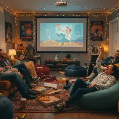 Grupa przyjaciół śmieje się do rozpuku podczas seansu filmowego w przytulnym pokoju. Ta tragifarsa kołtuńska, pełna światełek i plakatów, tworzy atmosferę beztroskiej zabawy.