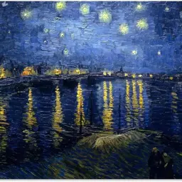 Nocny widok na rzekę z odbiciami świateł i gwiazd. Jedno z ikonicznych dzieł Vincenta van Gogha.
