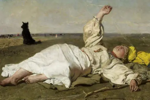 Dziewczyna w białej sukni leży na trawie, obok czarny pies. W tle pasące się krowy. Obraz ten jest jednym z **famous paintings** rosyjskiego malarstwa.