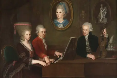 Portret rodziny Mozarta przy fortepianie. Choć obraz nie odpowiada na pytanie, na co zmarł Mozart, ukazuje jego talent muzyczny.