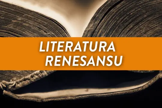 Stary, otwarty księgozbiór z napisem "Literatura Renesansu". Odkryj dzieła twórców epoki.