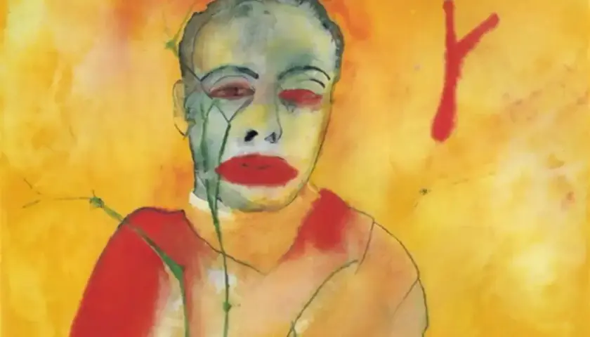 Portret w stylu pop art, z zieloną twarzą, czerwonymi ustami i oczami, na żółtym tle.