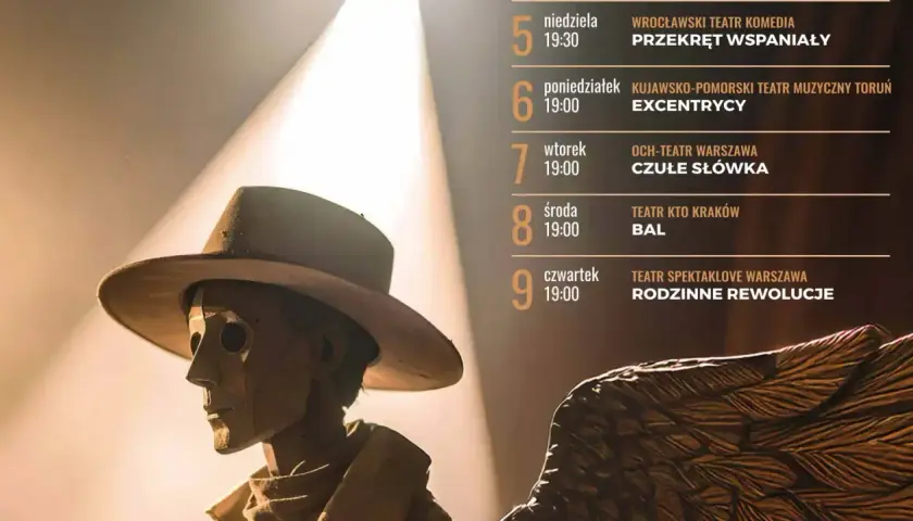 Drewniana kukła w kapeluszu, zapowiedź teatralnego tournee: "Przekręt Wspaniały", "Excentrycy", "Czułe Słówka", "Bal", "Rodzinne Rewolucje".