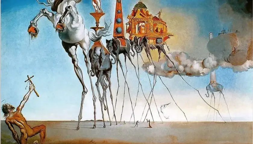 Surrealizm co to? Długonogie słonie i koń unoszą się nad pustynią, a postać z krzyżem wznosi ręce.