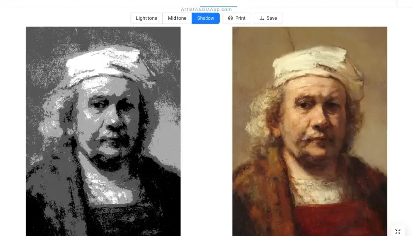 Portret mężczyzny w białym nakryciu głowy, po lewej w wersji monochromatycznej, po prawej w pełnym kolorze, ukazujący klasyczne malarstwo akademickie.