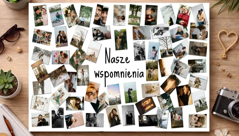 Collage "Nasze wspomnienia" z romantycznymi zdjęciami par, rodzin i przyjaciół.