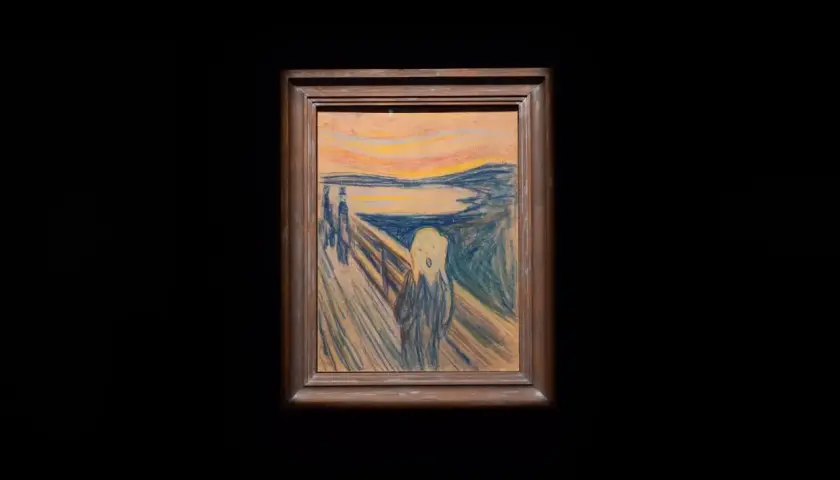 Edvard Munch najsłynniejsze obrazy: przerażona postać na moście krzyczy na tle krwawego nieba.