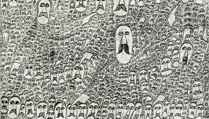 Obraz w stylu art brut: gęsty tłum twarzy z wąsami, niektóre większe, inne mniejsze, tworzące hipnotyzujący wzór.