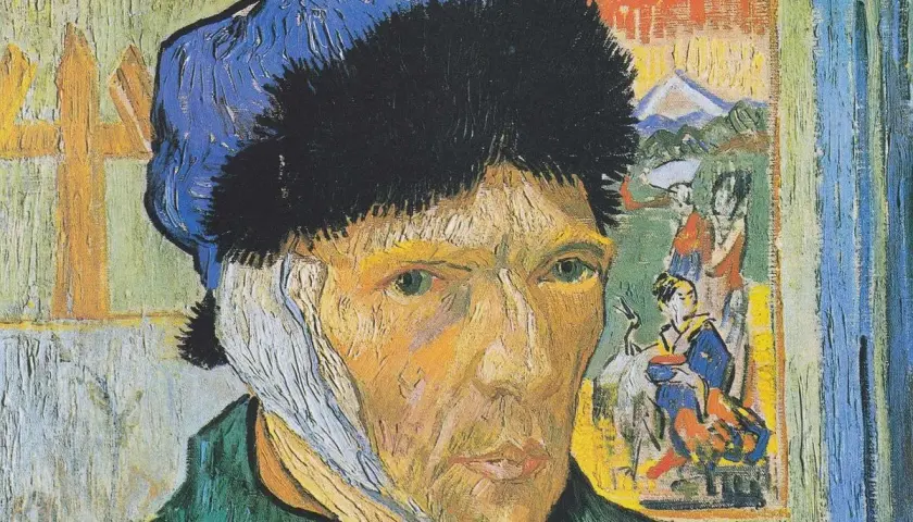 Autoportret z zabandażowanym uchem, Vincent van Gogh. Obraz przedstawia artystę w jego charakterystycznym stylu, z widocznymi pociągnięciami pędzla, odzwierciedlającymi jego emocjonalne cykle.