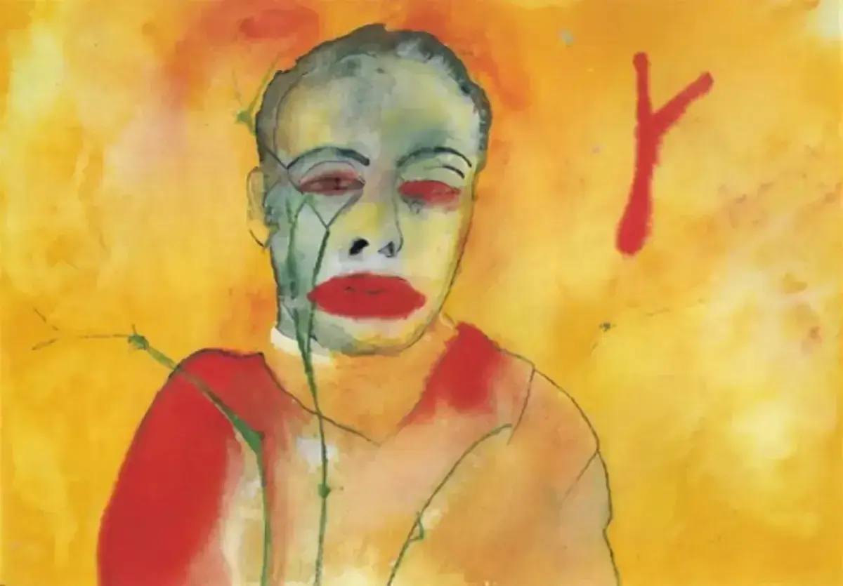 Portret w stylu pop art, z zieloną twarzą, czerwonymi ustami i oczami, na żółtym tle.