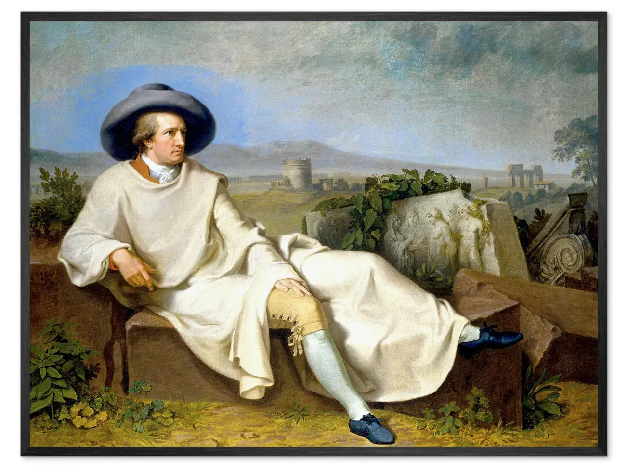 Johann Wolfgang von Goethe w białej szacie i szerokim kapeluszu, siedzący na kamieniach. W tle krajobraz z ruinami, inspiracja dla jego dzieł.