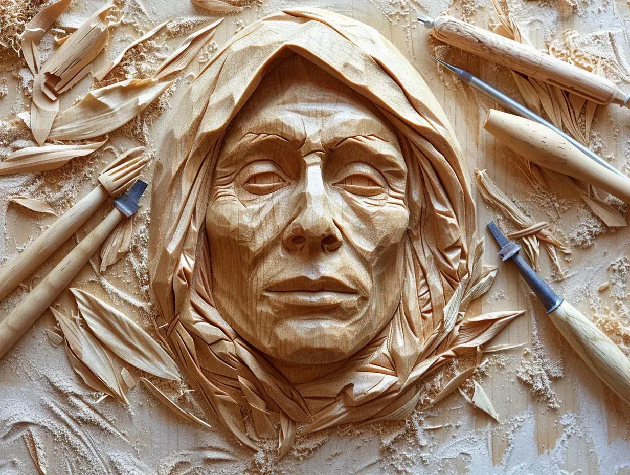 Artysta rzeźbiący w drewnie tworzy twarz Indianina. Wokół leżą narzędzia i wióry.