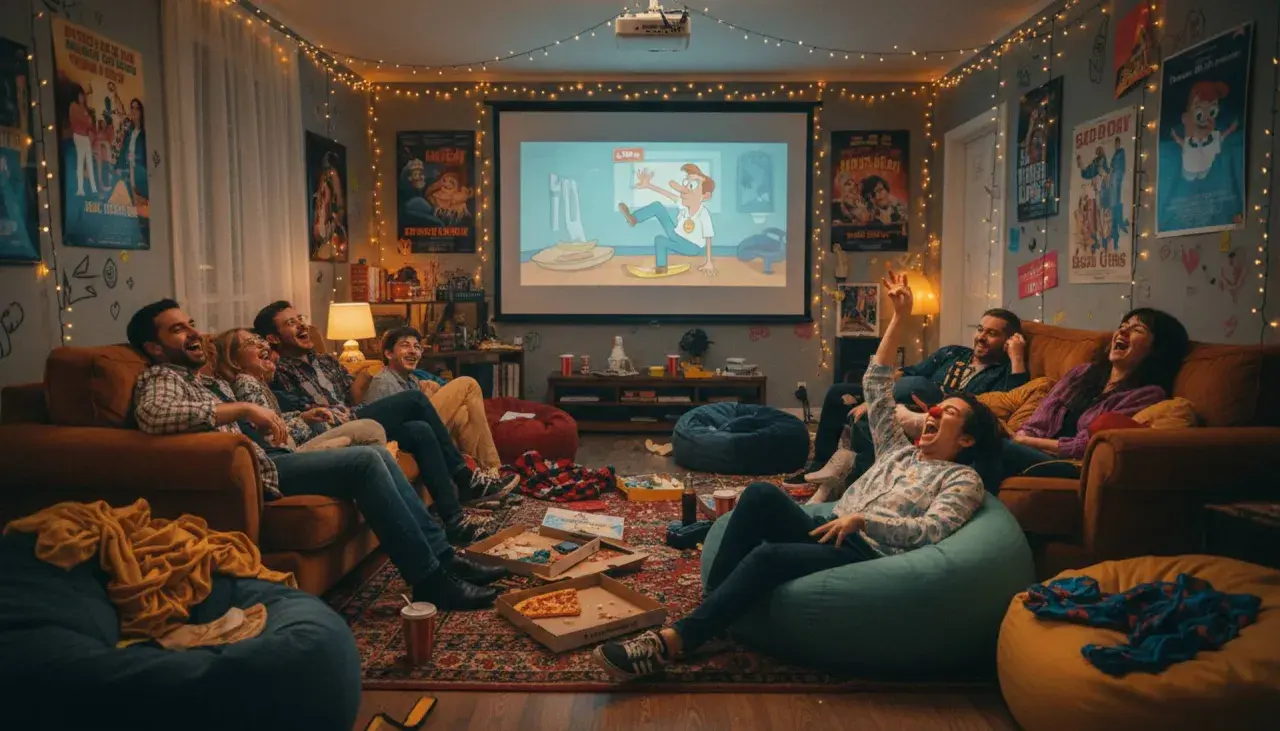Grupa przyjaciół śmieje się do rozpuku podczas seansu filmowego w przytulnym pokoju. Ta tragifarsa kołtuńska, pełna światełek i plakatów, tworzy atmosferę beztroskiej zabawy.