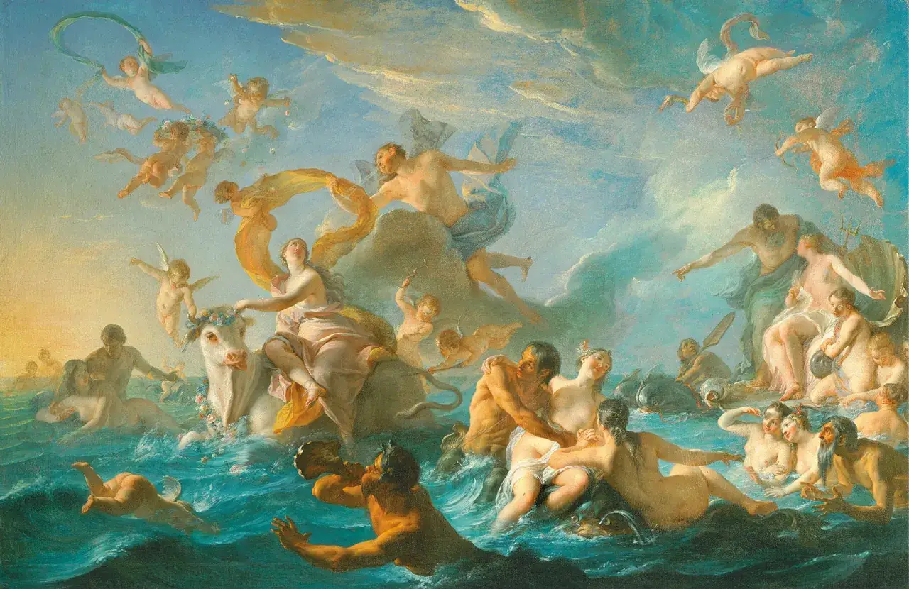 Mitologiczna scena morska w stylu klasycyzm francuski: Wenus na byku, amorki, nereidy i Neptun.