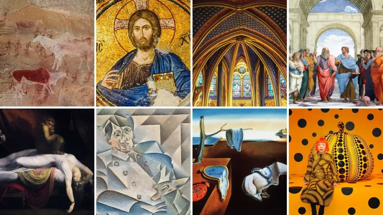 Przegląd epok w historii sztuki: od malowideł naskalnych, przez mozaiki, gotyk, renesans, romantyzm, kubizm, surrealizm, po współczesność.