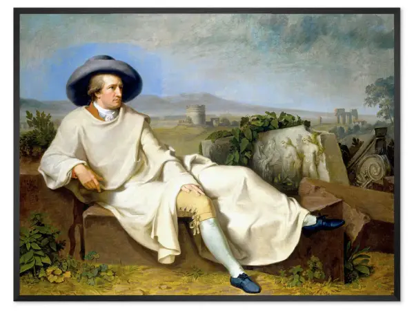 Johann Wolfgang von Goethe w białej szacie i szerokim kapeluszu, siedzący na kamieniach. W tle krajobraz z ruinami, inspiracja dla jego dzieł.