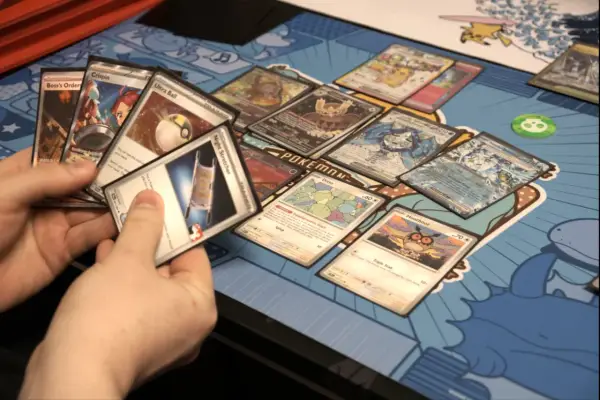 Gracz wybiera karty do gry, na stole leżą kolorowe karty Pokémon.